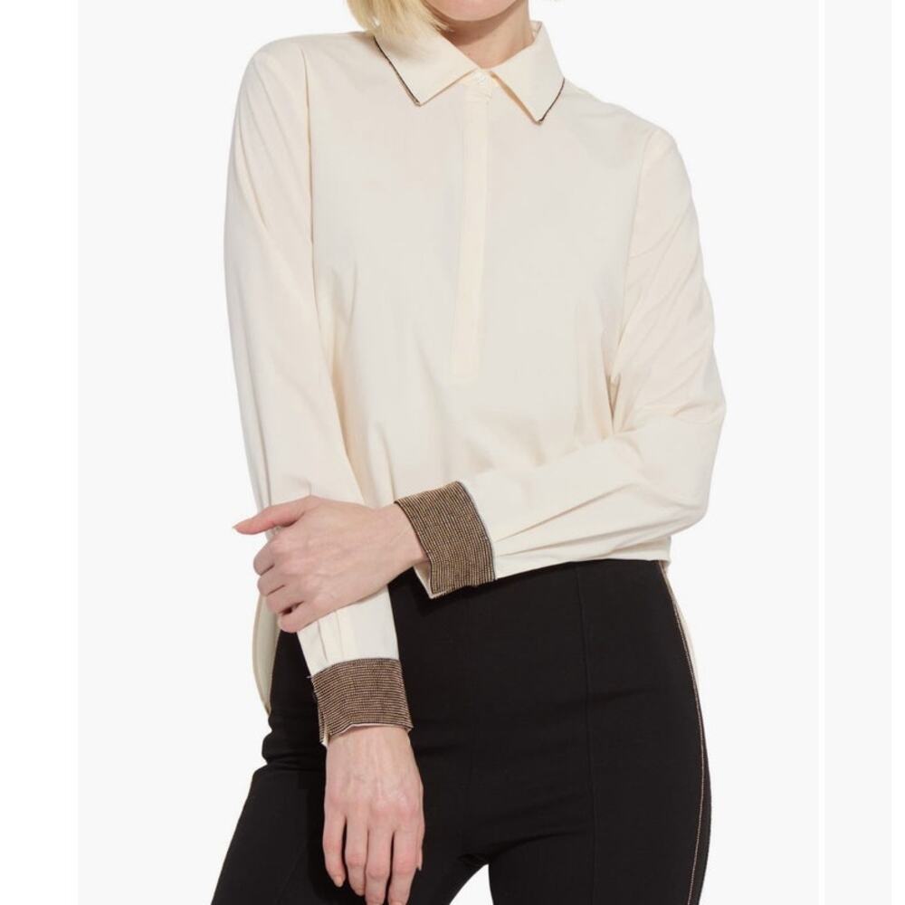 Lysse New York Jamie Micro Beaded Shirt Macadamia Small NWT Neutral Embellished